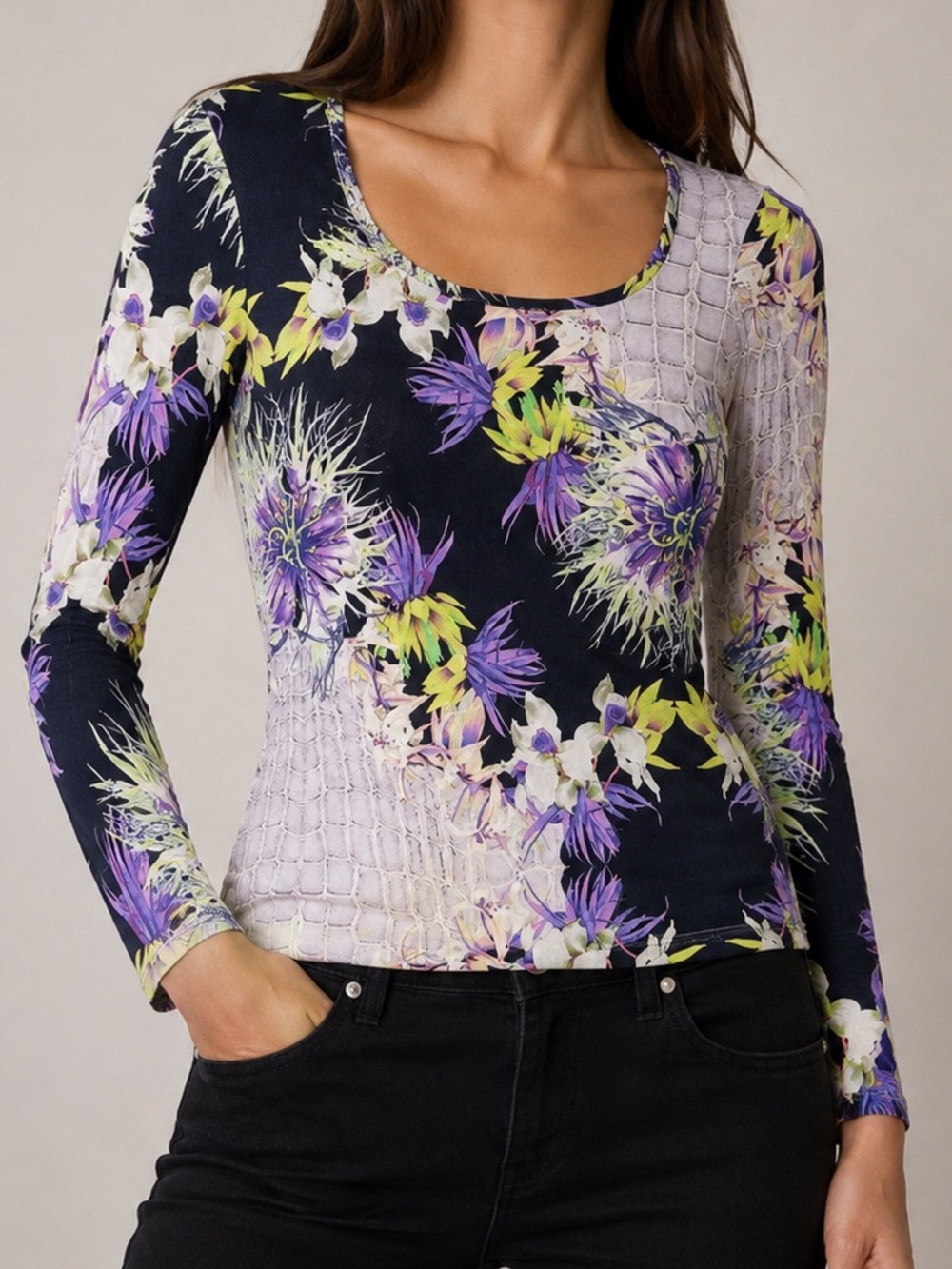 Just Cavalli Top in Black, White Lavender Floral Croc Print Small